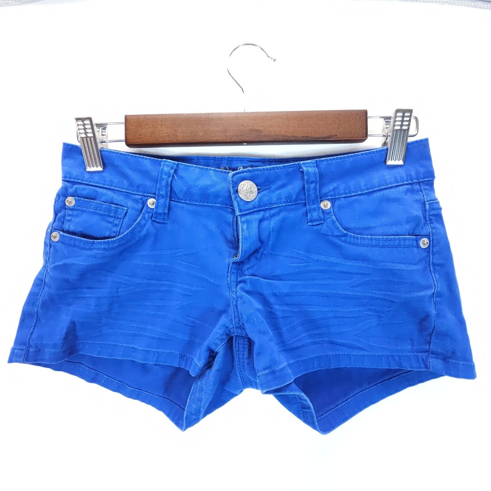 Y2K Wishful Park Shorts Womens 1 Blue Low Rise Whiskered Denim Hot Pants